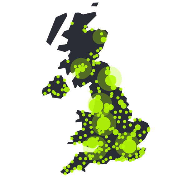 A heatmap showing the location of Hussle venues around the UK